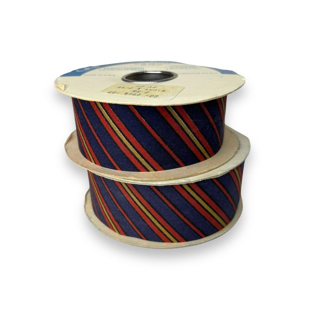 VTG Offray Diagonal Stripe Crafting Ribbon 25 Yds 1 7/16" Wide Width Navy Red